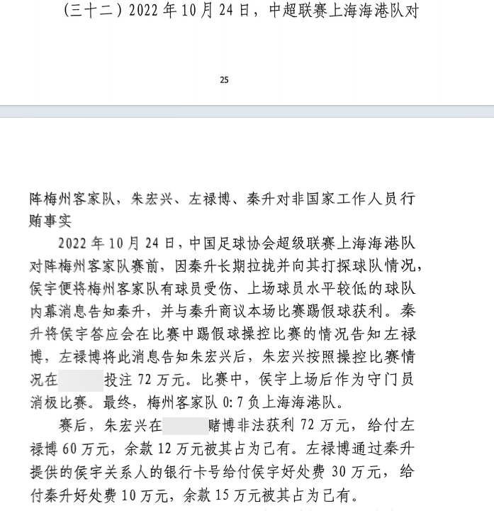 網(wǎng)傳判決書：梅州0-7海港，梅州守門員侯宇收30萬好處費(fèi)消極比賽